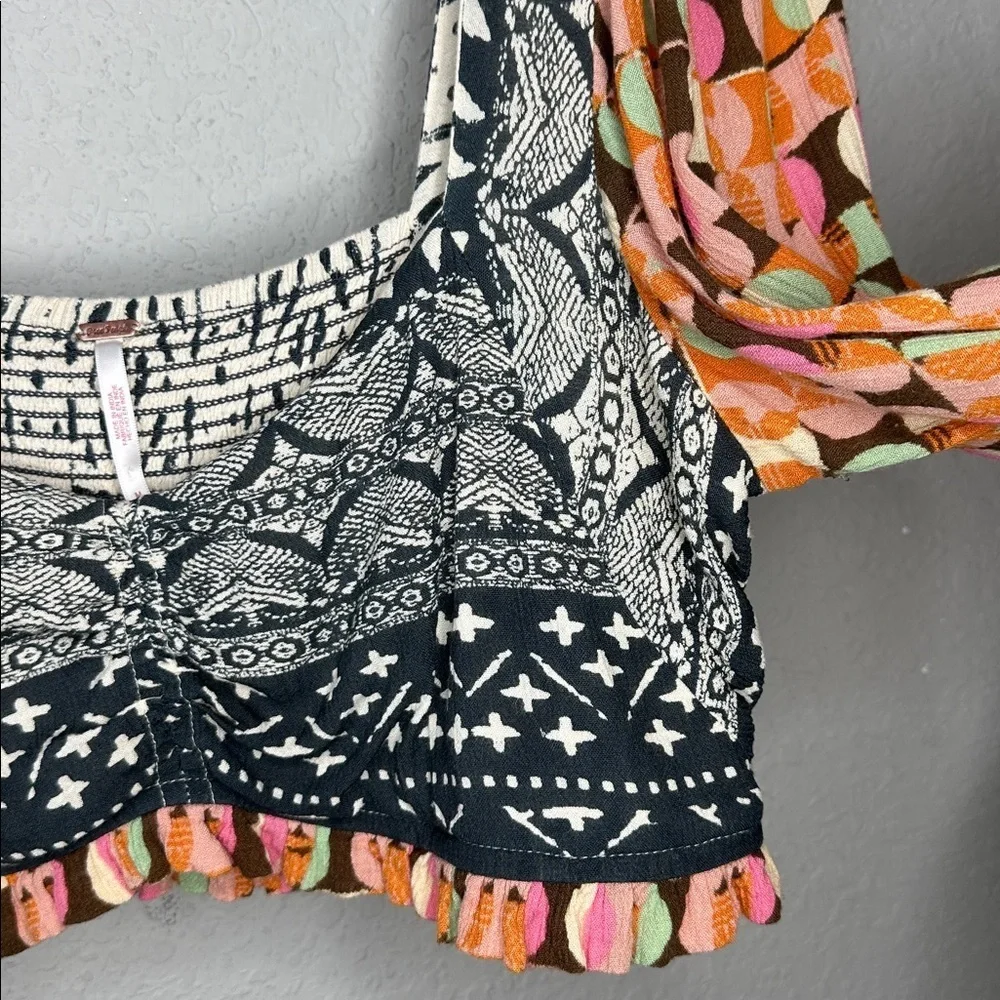 Free People Naomi Printed Smocked‎ Puff Sleeve Boho Endless Summer Cropped Top M